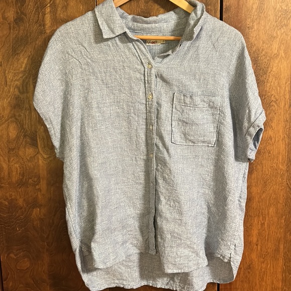 FAHERTY Avery Short Sleeve Organic Cotton Button-up Shirt Blue Basket Weave L - Picture 4 of 8